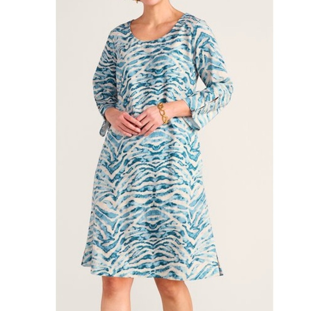 Soft Surroundings Mercado Gauze A-line dress Women's‎ S Blue White Zebra Cotton